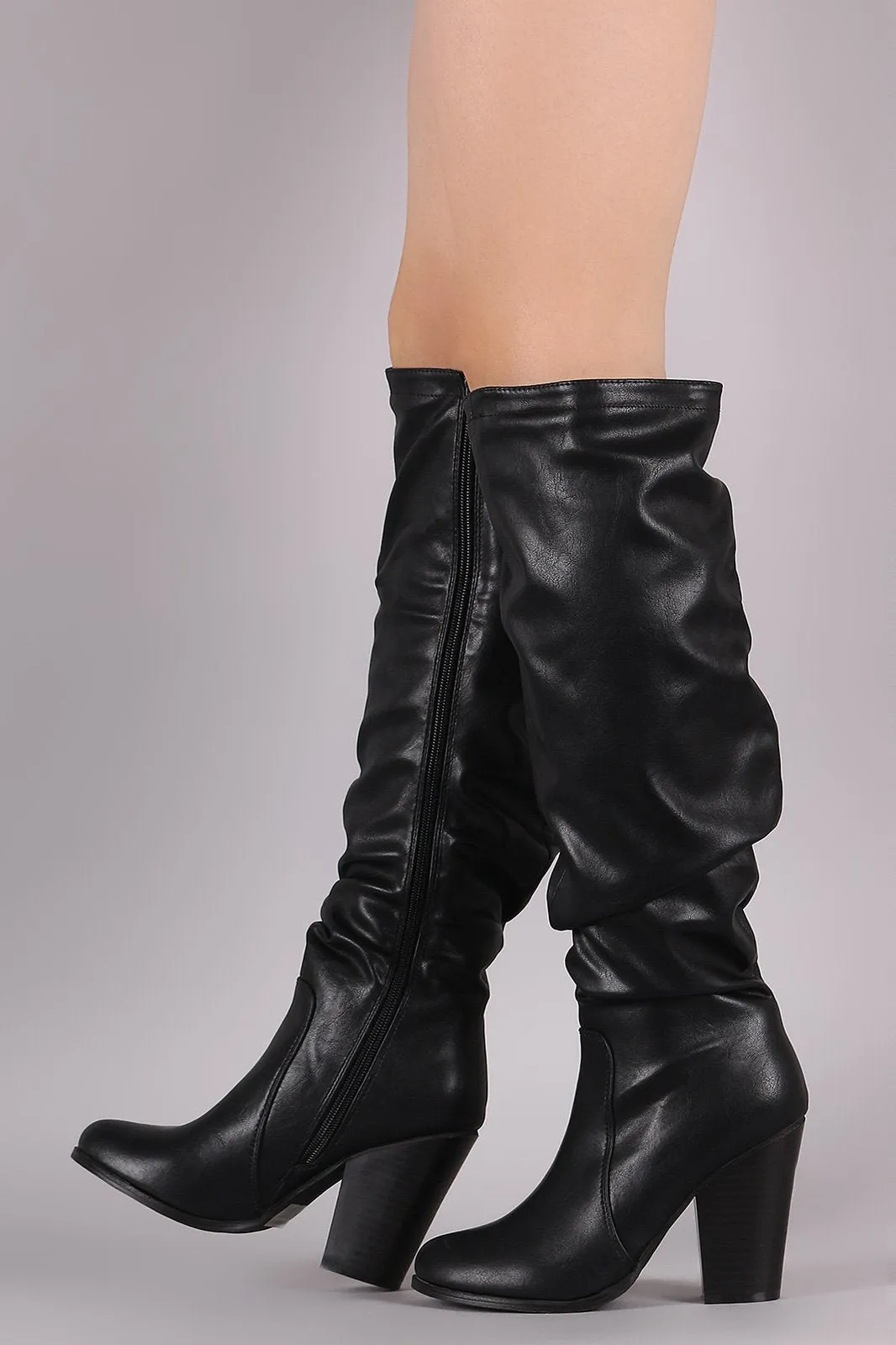 Slouchy Chunky Heeled Knee High Boots